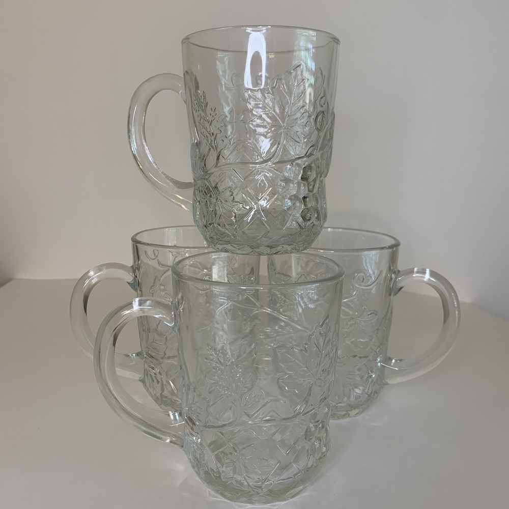 SET OF FOUR Cristal d'Arques Durand MALLORY Glass Grape Vine Leaves MUG